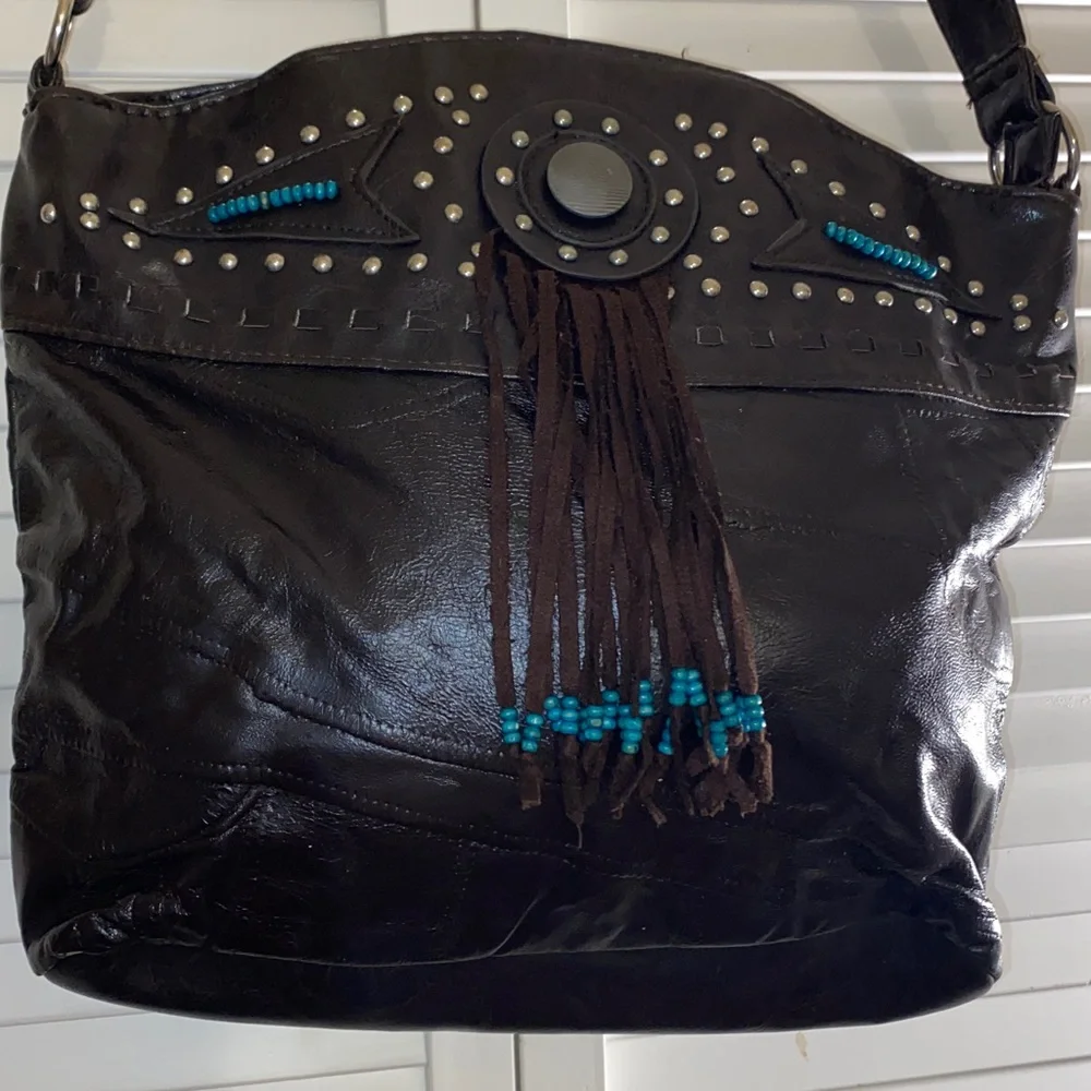 Western Cowgirl-Bohemian Brown with Turquoise Beads-Fringe Studded Crossbody